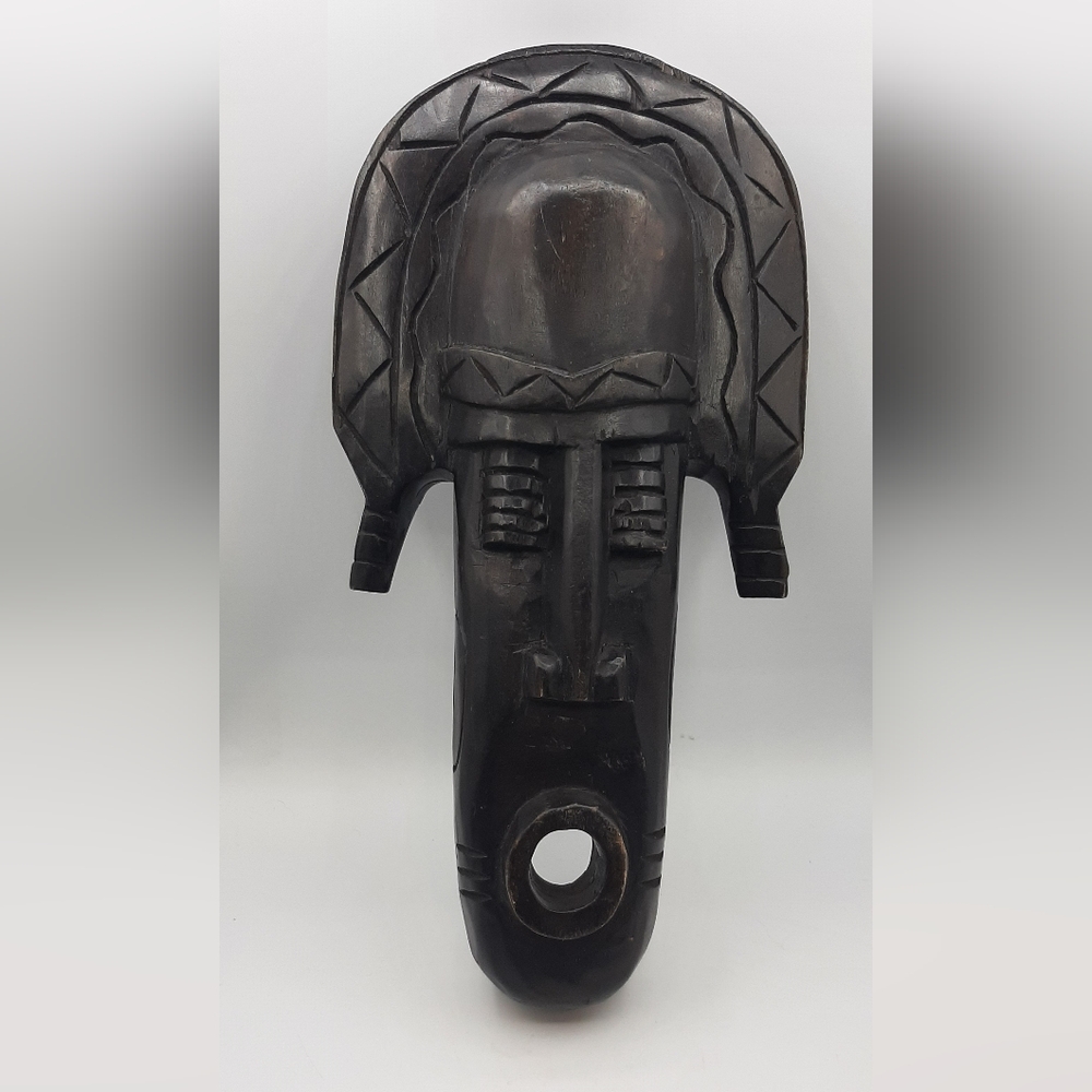 Vintage African Tribal Art Mask Wooden Hand Carved Hanging 13 1/2" Tall